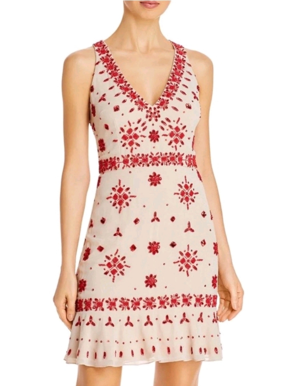 Aidan by Aidan Mattox Cream Red Beaded Dress Wedding guest Party Cocktail